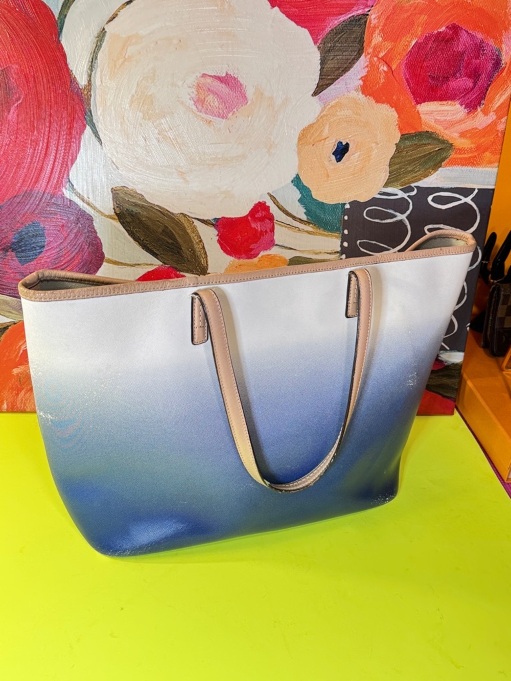 Coach Gradient Tote F30561 Ombre Blue and White Tote Bag with Tan Trim - Picture 7 of 16